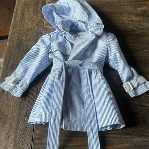 Ralph Lauren Blue and White Striped Kids Pea Coat with Hood